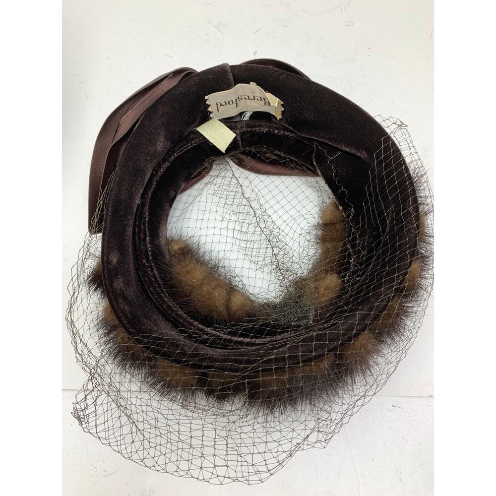 Vintage Beresford Pill Box Style Hat With Satin Bow Fur and Mesh Detail Brown - Picture 5 of 8